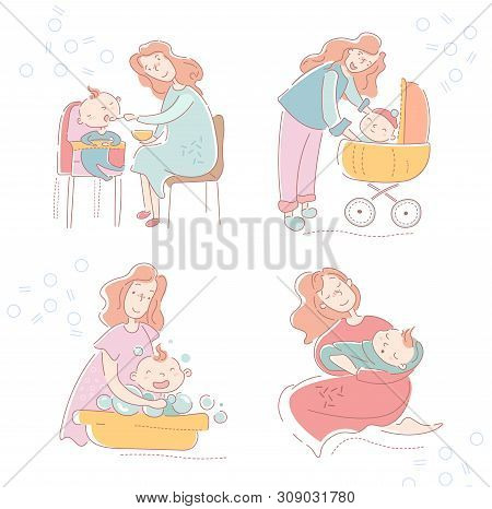 Four Sketches Of A Loving Mother And Baby Showing The Various Facets Of Motherhood, Parenting And Ch