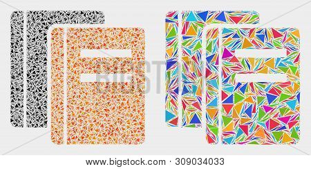 Books Collage Icon Of Triangle Items Which Have Different Sizes And Shapes And Colors. Geometric Abs