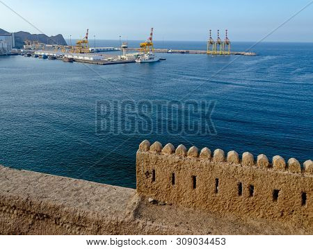 Muscat Port And Sea. View From The Balcony Of The Old Muttrah Fort, Oman.