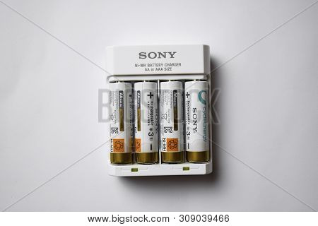 Bekasi. West Java. Indonesia. July 1 2019 : Sony Ni-mh Battery Charger Aa Or Aaa Size With Batteries