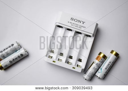 Bekasi. West Java. Indonesia. July 1 2019 : Sony Ni-mh Battery Charger Aa Or Aaa Size With Batteries