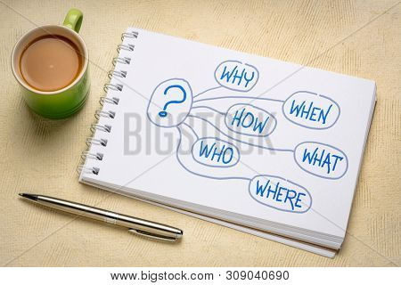 who, what, when, where, why, how brainstorming or decision making questions - mindmap in a sketchbook  with a cup of coffee