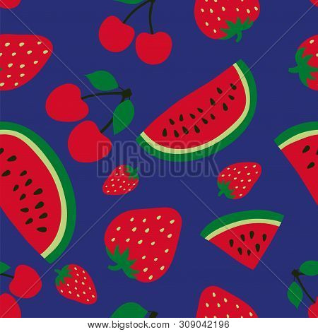 Watermelon, Cherry And Strawberry Seamless Pattern. Red Berry. Sweet Fruits. Fashion Design. Food Pr