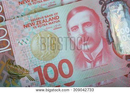 Closeup Of New Zealand Banknote 100$ Dollars. The Symbol Of New Zealand Currency.