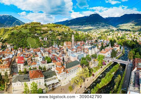 Merano City Centre Aerial Panoramic View. Merano Or Meran Is A Town In South Tyrol In Northern Italy