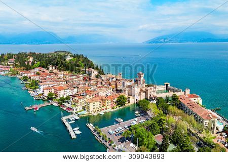 Scaligero Castle Aerial Panoramic View. Scaligero Castle Is A Fortress In The Historical Center Of S