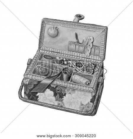 Beautiful Box With Needlework. Threads, Needles, Pins, Scissors Inside A Casket, Isolated On White. 