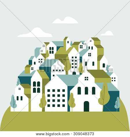 Flat Geometric Buildings, Minimal Green City Landscape Flat Style.