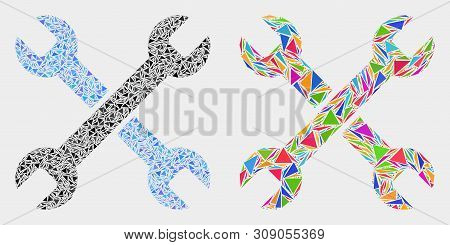 Wrenches Collage Icon Of Triangle Items Which Have Different Sizes And Shapes And Colors. Geometric 