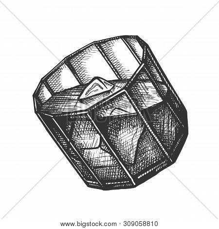 Design Glass With Bourbon And Ice Cubes Vector. Hand Drawn Slanted Glass With Frappe England Booze A