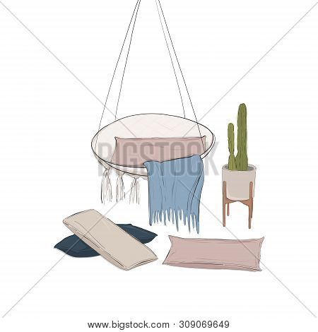 Hand Drawn Interior Advertising Sketch. Cozy Appartment Design With Armchair, Pillows, Cover, Plant.