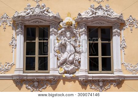 WURZBURG, GERMANY - JULY O4, 2018: Virgin Mary, House of Falcon, the finest Rococo style building in the Wurzburg, Germany