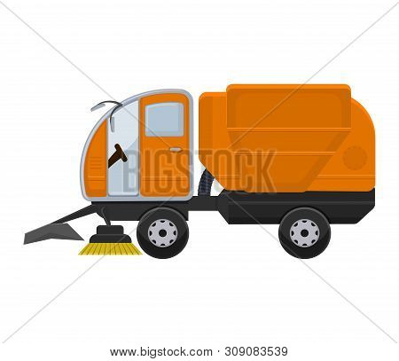 Road Cleaning Machine Vector Vehicle Truck Sweeper Cleaner Wash City Streets Illustration, Vehicle V
