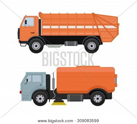 Road Cleaning Machine Vector Vehicle Truck Sweeper Cleaner Wash City Streets Illustration, Vehicle V