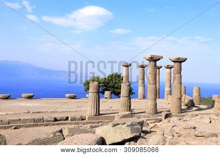 Ancient columns of Athena Temple in Assos, Canakkale, Turkey