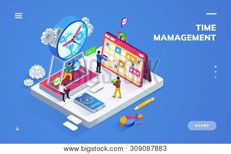 Isometric Banner For Time Management Or Schedule With People Near Clock And Calendar. Sign Or Banner