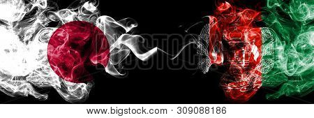 Japan Vs Afghanistan, Afghani Smoky Mystic Flags Placed Side By Side. Thick Colored Silky Smokes Com