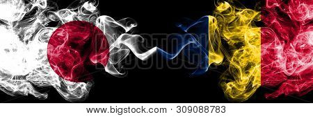 Japan Vs Chad, Chadian Smoky Mystic Flags Placed Side By Side. Thick Colored Silky Smokes Combinatio