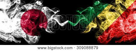 Japan Vs Congo, Congolese Smoky Mystic Flags Placed Side By Side. Thick Colored Silky Smokes Combina