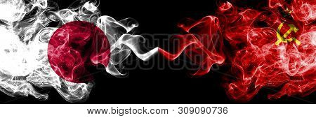 Japan Vs Ussr, Communist Smoky Mystic Flags Placed Side By Side. Thick Colored Silky Smokes Combinat