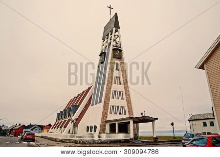Hammerfest, Norway - January 21, 2010: Church Building On Grey Sky. Modern Architecture And Design. 
