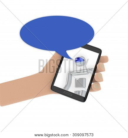3d Render Illustration Of Chatbot Character In A Cellular Smartphone App With Empty Chatbox. Virtual