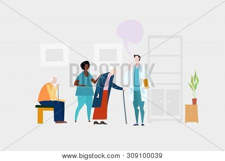 Doctors And Nurses Talking To The Elderly Patients In The Hospital. Medical And Health Concept Illus