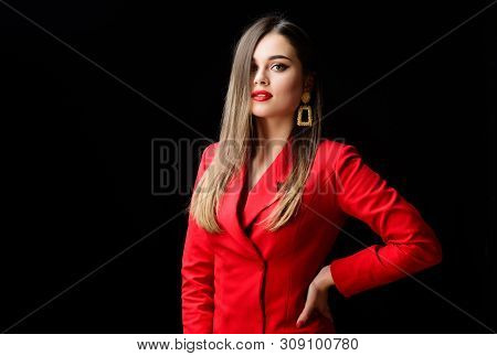 Girl Confident Business Lady Formal Red Jacket. Gorgeous And Stylish. Impeccable Makeup And Perfect 
