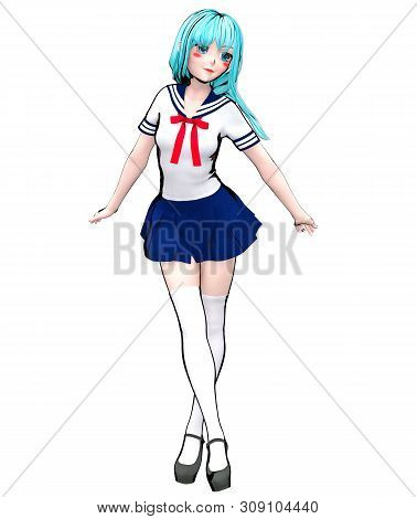 3d Sexy Anime Doll Japanese Schoolgirl Big Blue Eyes.skirt Blue.white Knee Socks.cartoon, Comics, Sk