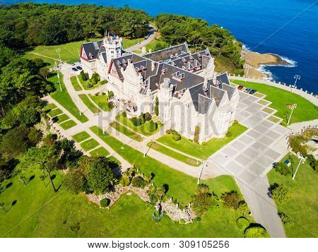 Magdalena Palace Or Palacio De La Magdalena Aerial Panoramic View. It Is A Palace Located On The Mag