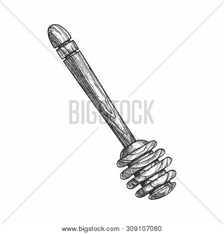 Carved Handmade Dripper Wooden Honey Stick . Beekeeper Utensil Stick Spoon. Black And White Hand Dra