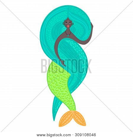 Vector Mermaid. African American. Sea Girl. Beautiful Woman With Tail. Nixie With Long Lush Hair. Cr