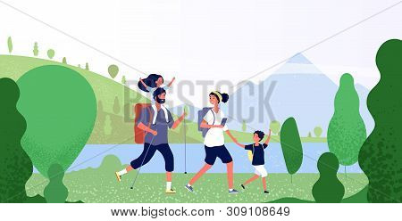 Family Hiking Nature. Man, Woman And Kids In Outdoor Mountain Landscape. Holiday Summer Adventure In