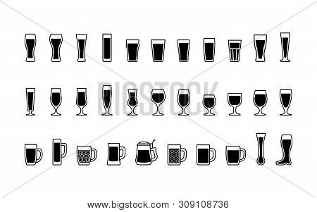 Black And White Beer Glasses Icons. Vector