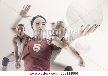 Young Female Volleyball Player Isolated On White Studio Background. Woman In Sports Equipment And Sh