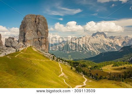Summer Mountain Alpine Meadow Landscape. Cinque Torri, Dolomites Alps, Italy
