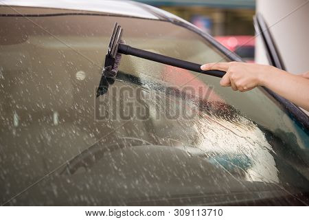 Hands Of The Girl Wash The Windshield Of The Car With A Special Brush From Dried Flying Insects. The