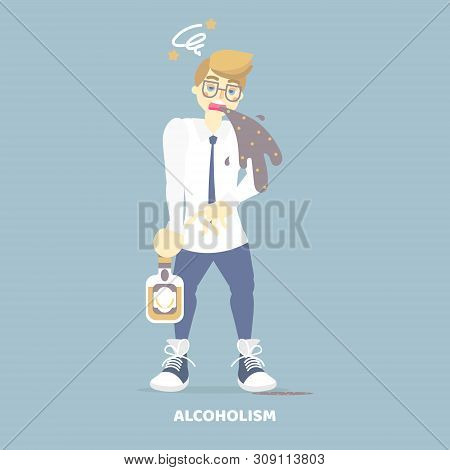 Alcoholic Drunk Man Vomiting, Having Dizziness, Holding Bottom Of Alcohol, Health Care Disease, Alco