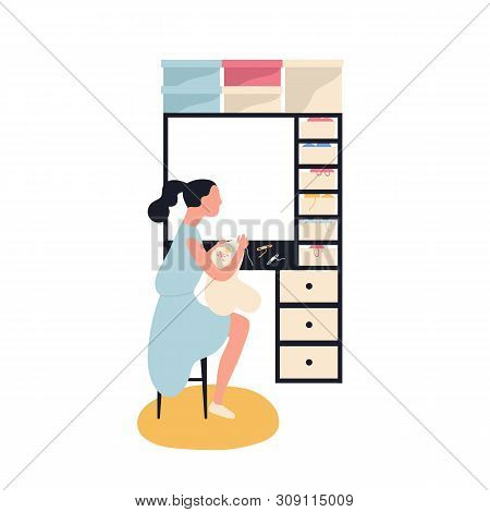 Adorable Woman Sitting And Embroidering Or Stitching Canvas On Tambour Frame. Young Girl Creating Em