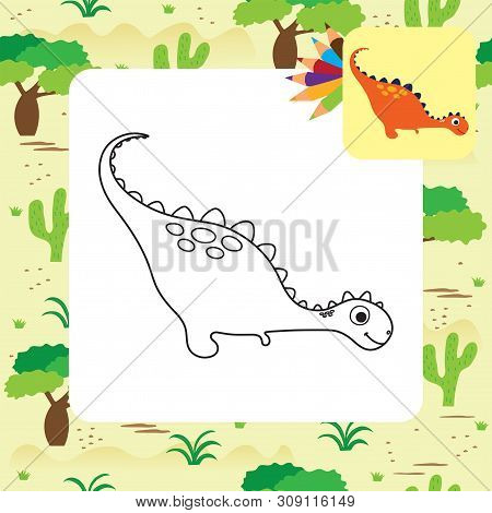 Cute Cartoon Dino Coloring Page. Vector Illustration