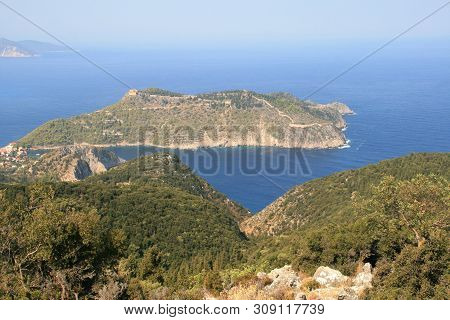 Assos, Kefalonia, Greece - September 8, 2012: Amazing Panorama Of Assos Village, Kefalonia, Ionian I