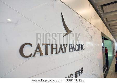 HONG KONG, CHINA - CIRCA APRIL, 2019: close up shot of Cathay Pacific sign at business class lounge in Hong Kong International Airport. Cathay Pacific is the flag carrier of Hong Kong