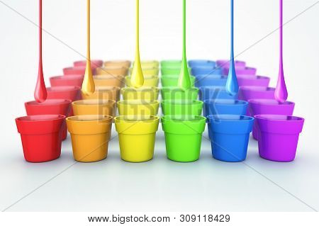 Colored Cans Lgbt Flag On White Table Perspective View. Colorful Sample Paint Pots. 3d Illustration