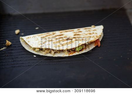 Healthy And Hearty Food, Fajita With Grilled Chicken Fillet, Avocado, Fresh Salsa, Served Very Hot, 