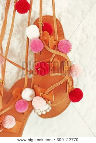 Greek Leather Sandals For Girls With Colorful Pom Pom - Gladiator Sandals - Kids Shoes Advertisement