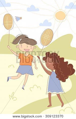 Two Young Cute Multiracial Children Playing Badminton