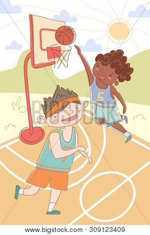 Two Young Multiethnic Boys Playing Basketball With