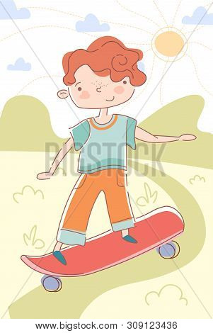 Young Boy Skating Down A Path On A Skateboard
