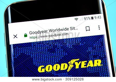 Berdyansk, Ukraine - 1 June 2019: Goodyear Website Homepage. Goodyear Logo Visible On The Phone Scre