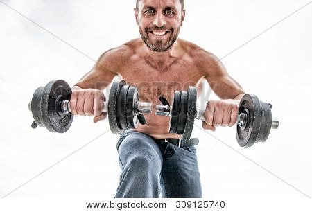 Athletic Body. Dumbbell Gym. Fitness Health Diet. Muscular Man Exercising With Barbell. Man Sportsma